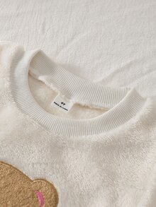 女童幼兒熊圖案刺繡長袖上衣與熊印花刷毛長褲套裝 秋冬居家服 - 白色 - 查看 6