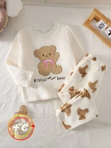 女童幼兒熊圖案刺繡長袖上衣與熊印花刷毛長褲套裝 秋冬居家服 - 白色 - 查看 3