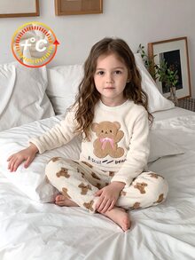 女童幼兒熊圖案刺繡長袖上衣與熊印花刷毛長褲套裝 秋冬居家服 - 白色 - 查看 8