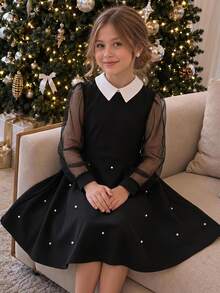 SHEIN Tween Girls Wednesday Dress Pearl Beaded Peter Pan Collar Mesh Sleeve Goth Black A-Line Elegant Party Dress - Black - View 2