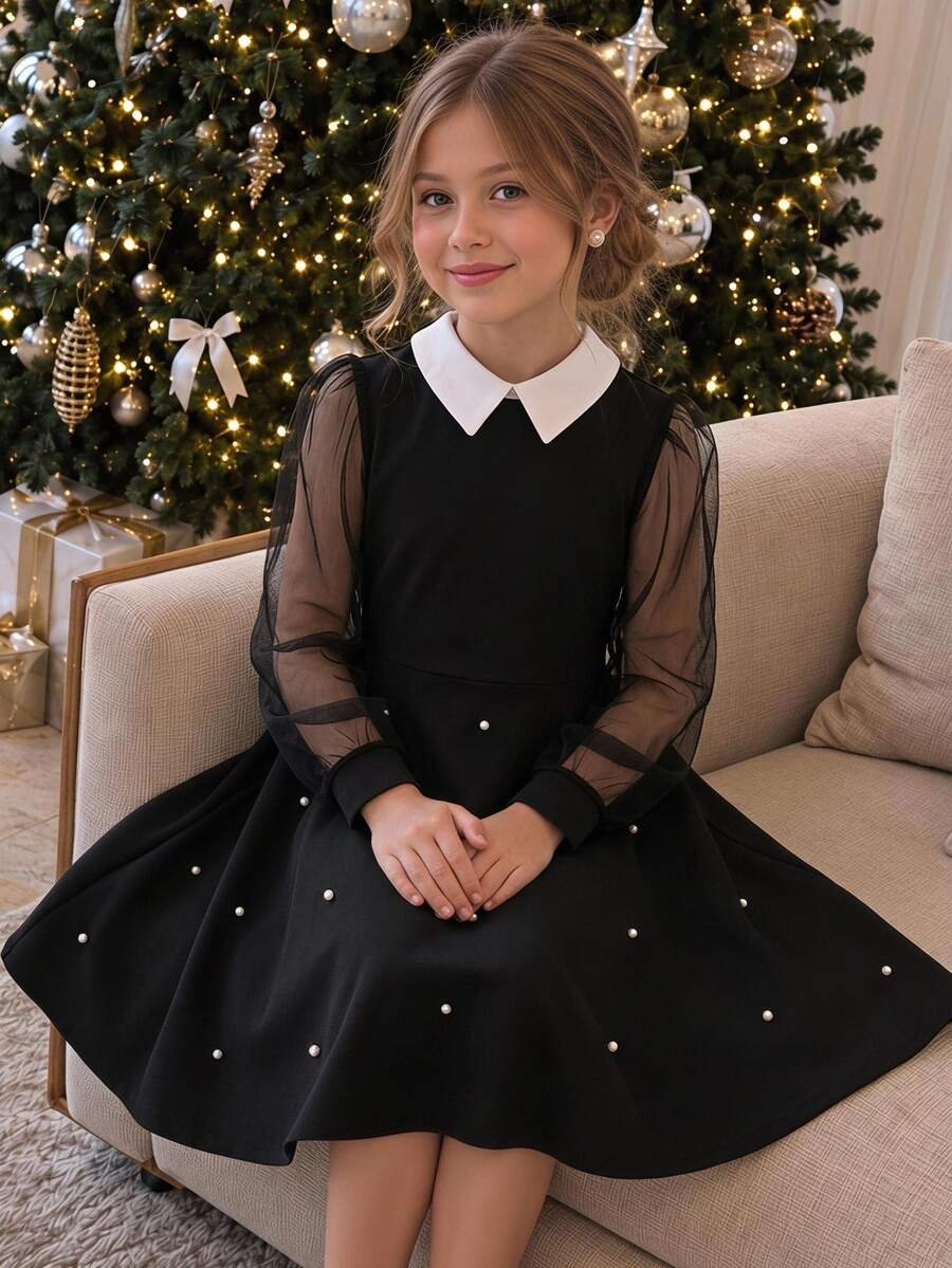 SHEIN Tween Girls Wednesday Dress Pearl Beaded Peter Pan Collar Mesh Sleeve Goth Black A-Line Elegant Party Dress