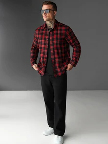 SLATEMANN 男士格紋長袖單排扣休閒街頭風襯衫，聖誕度假海灘風，紅黑配色 - 彩色 - 查看 5