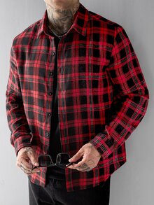 SLATEMANN 男士格紋長袖單排扣休閒街頭風襯衫，聖誕度假海灘風，紅黑配色 - 彩色 - 查看 1
