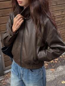 DAZY 春季新款做舊皮革短夾克 情人節女款休閒外套 秋冬款 - 棕色 - 查看 2