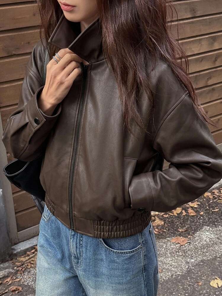DAZY Spring New Distressed Leather Short Jacket Valentine's Day Outerwear Women's Regular Jacket Fall Winter - Brown - View 2