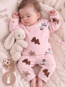 2pcs Baby Girl Comfortable Soft Plush Pink Cute Bear & Pony Animal Print Crew Neck Long Sleeve Pants Pajama Set - Pink - View 2