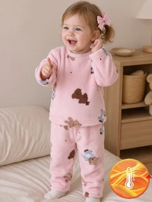 2pcs Baby Girl Comfortable Soft Plush Pink Cute Bear & Pony Animal Print Crew Neck Long Sleeve Pants Pajama Set - Pink - View 8
