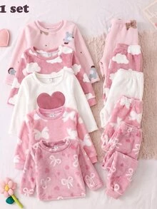 2pcs Baby Girl Comfortable Soft Plush Pink Cute Bear & Pony Animal Print Crew Neck Long Sleeve Pants Pajama Set - Pink - View 10