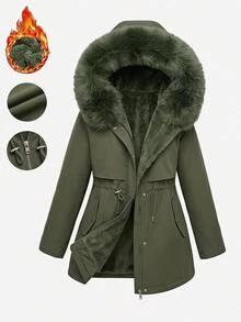 SHEIN CURVE+ Plus Size Women's Casual Army Green Winter Parka Coat, Long Thick Down Jacket With Fur Collar, Inner Lining, Drawstring Waist, Pockets, Ribbed Cuffs, Winter Outerwear, 8XL - Green - View 1