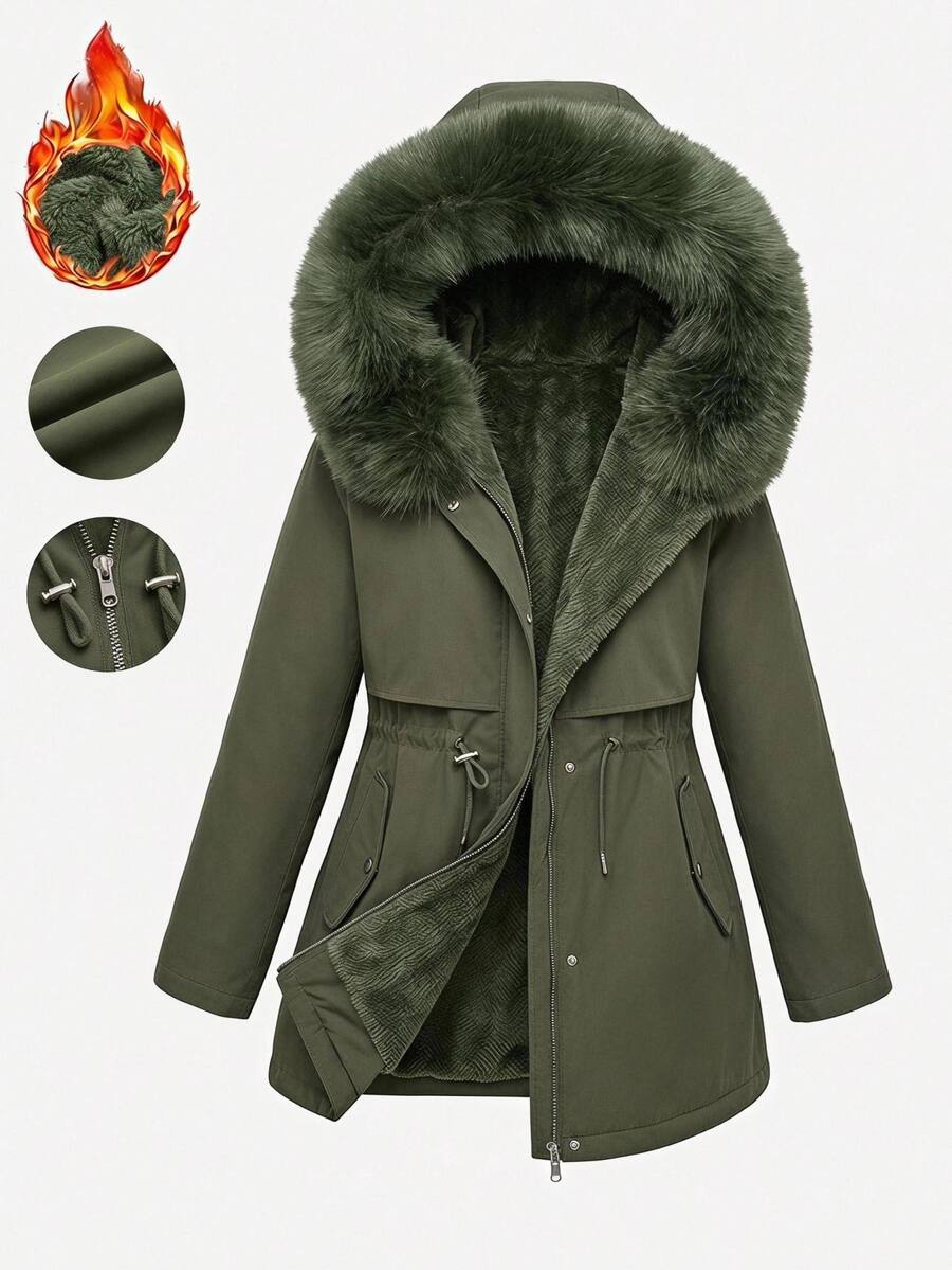 SHEIN CURVE+ Plus Size Women's Casual Army Green Winter Parka Coat, Long Thick Down Jacket With Fur Collar, Inner Lining, Drawstring Waist, Pockets, Ribbed Cuffs, Winter Outerwear, 8XL - Green - View 1