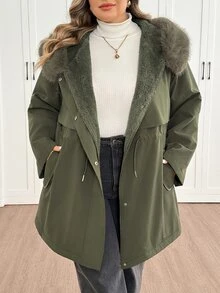 SHEIN CURVE+ Plus Size Women's Casual Army Green Winter Parka Coat, Long Thick Down Jacket With Fur Collar, Inner Lining, Drawstring Waist, Pockets, Ribbed Cuffs, Winter Outerwear, 8XL - Green - View 7