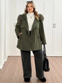SHEIN CURVE+ Plus Size Women's Casual Army Green Winter Parka Coat, Long Thick Down Jacket With Fur Collar, Inner Lining, Drawstring Waist, Pockets, Ribbed Cuffs, Winter Outerwear, 8XL - Green - View 8
