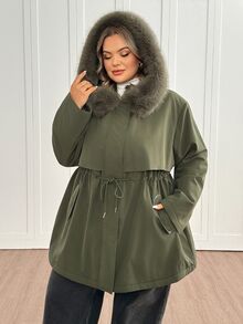 SHEIN CURVE+ Plus Size Women's Casual Army Green Winter Parka Coat, Long Thick Down Jacket With Fur Collar, Inner Lining, Drawstring Waist, Pockets, Ribbed Cuffs, Winter Outerwear, 8XL - Green - View 6
