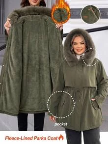 SHEIN CURVE+ Plus Size Women's Casual Army Green Winter Parka Coat, Long Thick Down Jacket With Fur Collar, Inner Lining, Drawstring Waist, Pockets, Ribbed Cuffs, Winter Outerwear, 8XL - Green - View 9