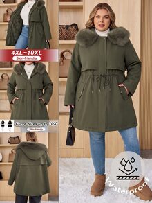SHEIN CURVE+ Plus Size Women's Casual Army Green Winter Parka Coat, Long Thick Down Jacket With Fur Collar, Inner Lining, Drawstring Waist, Pockets, Ribbed Cuffs, Winter Outerwear, 8XL - Green - View 3