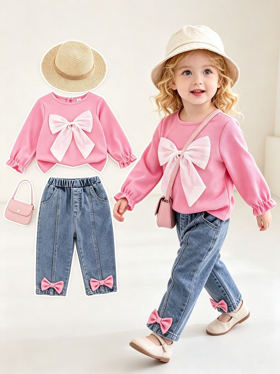 SHEIN 2pcs Toddler Girl Sweatshirt + Jeans Cute Sweet Princess Pink Blue Large Bowknot Ruffle Long Sleeve Round Neck Regular Birthday Party Fall Ballet Knit - Pink - View 1