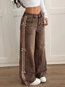SHEIN PETITE 女款側邊蝴蝶結裝飾口袋寬腿休閒牛仔褲 - 棕色 - 查看 4
