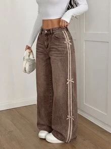 SHEIN PETITE 女款側邊蝴蝶結裝飾口袋寬腿休閒牛仔褲 - 棕色 - 查看 3