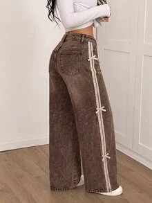 SHEIN PETITE 女款側邊蝴蝶結裝飾口袋寬腿休閒牛仔褲 - 棕色 - 查看 7