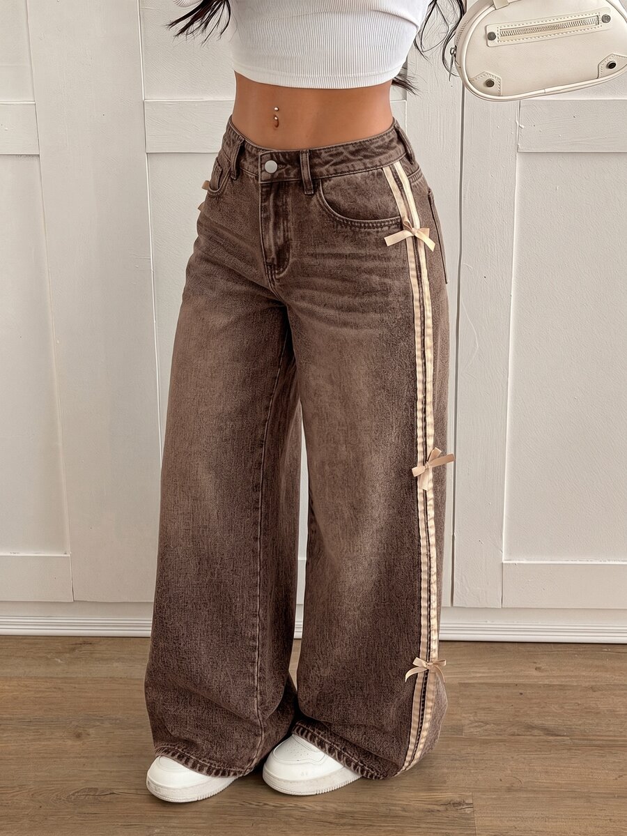 SHEIN PETITE 女款側邊蝴蝶結裝飾口袋寬腿休閒牛仔褲 - 棕色 - 查看 1