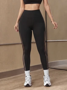 Slayform Women's High Waist Black Side Transparent Patchwork Sports Leggings - Black - View 5