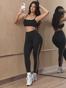 Slayform Women's High Waist Black Side Transparent Patchwork Sports Leggings - Black - View 4