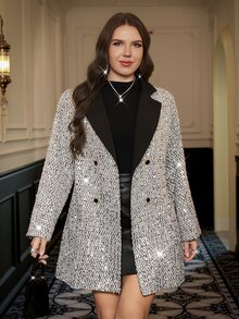 SHEIN Clasi Plus Size Button Decor Lapel Long Sleeve Woolen Coat In Fall/Winter - Silver - View 5