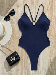 SHEIN Swim Baju Renang Wanita Seksi Warna Polos Tanpa Punggung dengan Motif Lingkaran Silang dan Tekstur Bergelombang, Cocok untuk Liburan Pantai Musim Semi, Musim Panas, dan Musim Gugur - Navy Blue - View 6