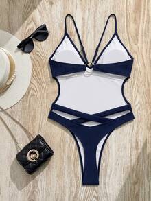 SHEIN Swim Baju Renang Wanita Seksi Warna Polos Tanpa Punggung dengan Motif Lingkaran Silang dan Tekstur Bergelombang, Cocok untuk Liburan Pantai Musim Semi, Musim Panas, dan Musim Gugur - Navy Blue - View 7