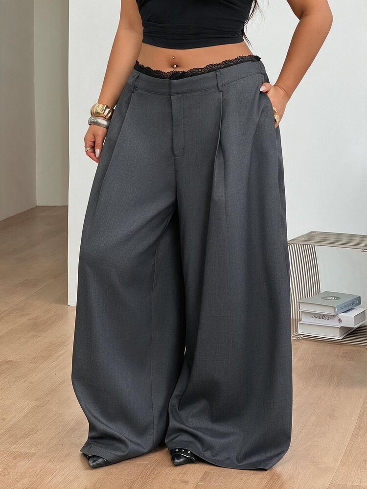 Coolane Women's Plus Size Fall Winter Formal Elegant Commute Evening Daily Wear Casual Oversize Lace Pleated Elastic Waistband Grey Banana Pants Halloween - Dark Grey - View 3