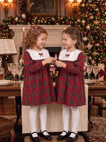 SHEIN Genkimix Kids 女童時尚復古紅色格紋蕾絲飾邊領結公主洋裝 - 紅色 - 查看 4