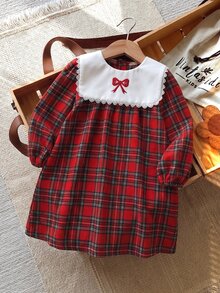SHEIN Genkimix Kids 女童時尚復古紅色格紋蕾絲飾邊領結公主洋裝 - 紅色 - 查看 5