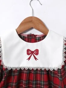 SHEIN Genkimix Kids 女童時尚復古紅色格紋蕾絲飾邊領結公主洋裝 - 紅色 - 查看 7