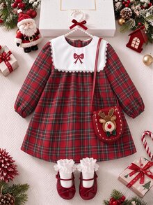 SHEIN Genkimix Kids 女童時尚復古紅色格紋蕾絲飾邊領結公主洋裝 - 紅色 - 查看 1