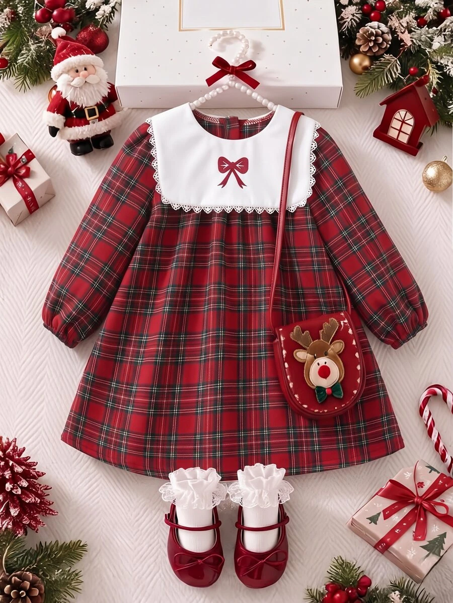 SHEIN Genkimix Kids 女童時尚復古紅色格紋蕾絲飾邊領結公主洋裝 - 紅色 - 查看 1