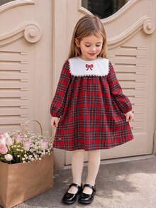 SHEIN Genkimix Kids 女童時尚復古紅色格紋蕾絲飾邊領結公主洋裝 - 紅色 - 查看 10