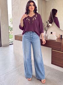 Modelyn 女款花卉刺繡圖案休閒波西米亞風百搭日常穿著早午餐茶會襯衫花園派對度假深紫色花卉 - 紫色 - 查看 4