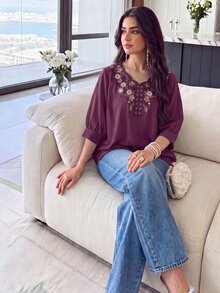 Modelyn 女款花卉刺繡圖案休閒波西米亞風百搭日常穿著早午餐茶會襯衫花園派對度假深紫色花卉 - 紫色 - 查看 3