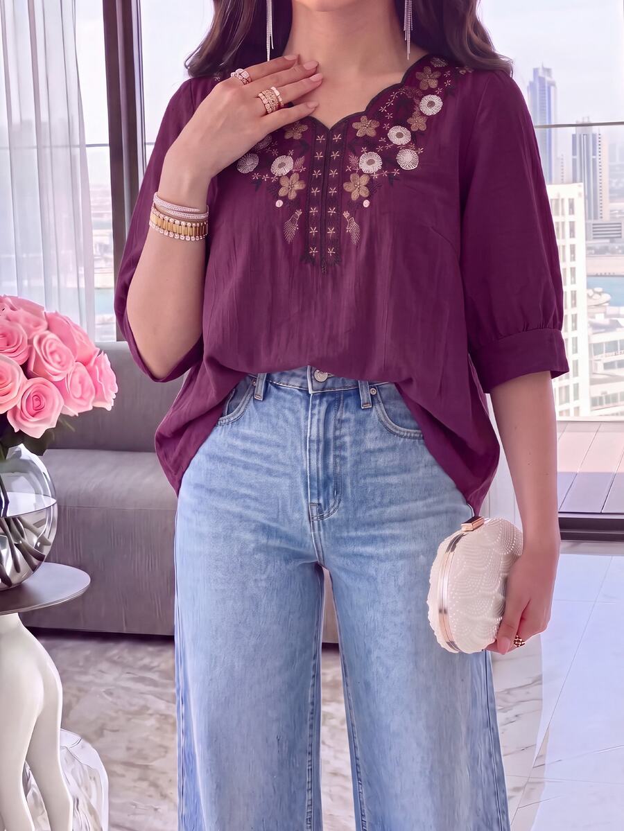 Modelyn 女款花卉刺繡圖案休閒波西米亞風百搭日常穿著早午餐茶會襯衫花園派對度假深紫色花卉 - 紫色 - 查看 1