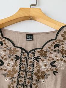 Modelyn Women's Holiday Floral Embroidered Puff Sleeve Casual Shirt - Coffee Brown - View 9