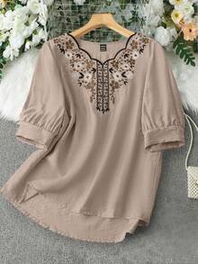 Modelyn Women's Holiday Floral Embroidered Puff Sleeve Casual Shirt - Coffee Brown - View 7