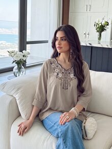 Modelyn Women's Holiday Floral Embroidered Puff Sleeve Casual Shirt - Coffee Brown - View 4