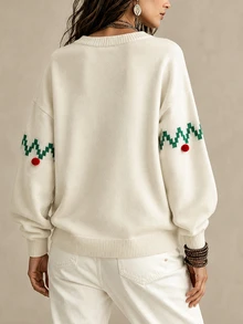 SHEIN Franclia Women Fall Winter Christmas Tree Pattern Crew Neck Knit Sweater Pom‑Pom Decor Long Sleeve Pullover - Multicolor - View 2