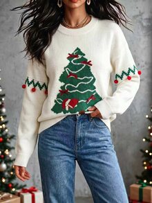 SHEIN Franclia Women Fall Winter Christmas Tree Pattern Crew Neck Knit Sweater Pom‑Pom Decor Long Sleeve Pullover - Multicolor - View 1