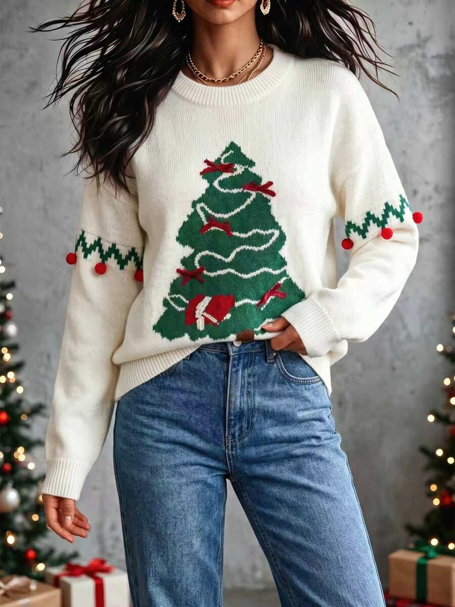 SHEIN Franclia Women Fall Winter Christmas Tree Pattern Crew Neck Knit Sweater Pom‑Pom Decor Long Sleeve Pullover - Multicolor - View 1