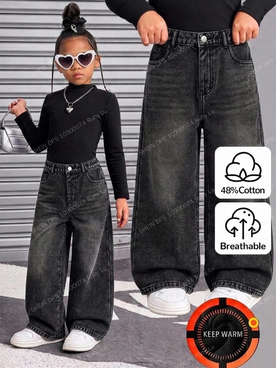 SHEIN Genkimix Kids Girls' Casual Basic Comfortable Elegant Fresh Wide Leg Loose Hem Academy Style Pure White Denim Jeans - Black - View 1