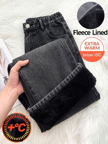 SHEIN Genkimix Kids Girls' Casual Basic Comfortable Elegant Fresh Wide Leg Loose Hem Academy Style Pure White Denim Jeans - Black - View 5