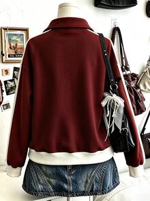Collagica Collagica Vintage Worn Denim Effect Half-Zip Sweatshirt For Women, Spring And Autumn, Letter Print With Side Stripe, Loose Pullover Top - Grey - View 3