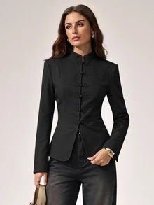 SHEIN Tall Women's Frog Button Casual Daily Long Sleeve Blazer - Black - View 12