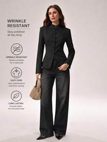 SHEIN Tall Women's Frog Button Casual Daily Long Sleeve Blazer - Black - View 1